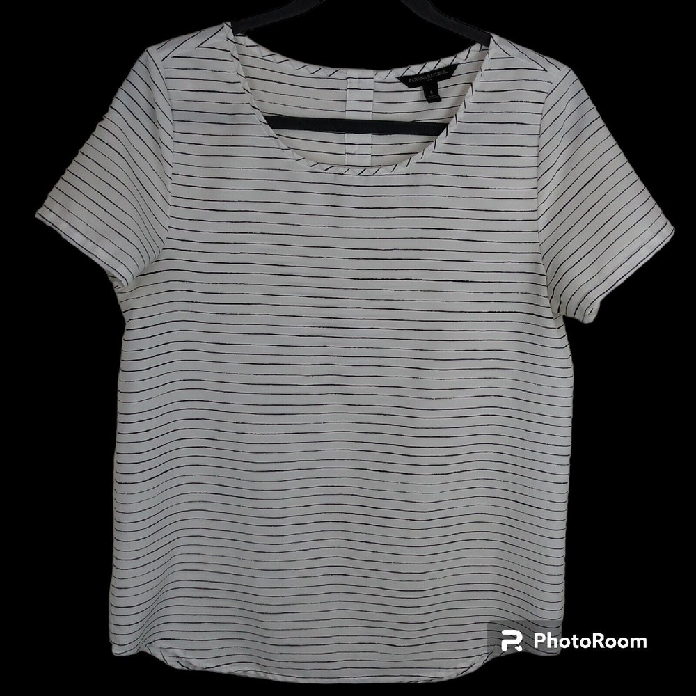 Banana Republic Womens Black  White Striped Semi Sheer Short Sleeve Blouse Small